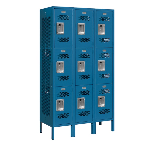 3 Tier Vented Locker, 36"Wx66"Hx15"D, 9 Door, Blue, Unassembled